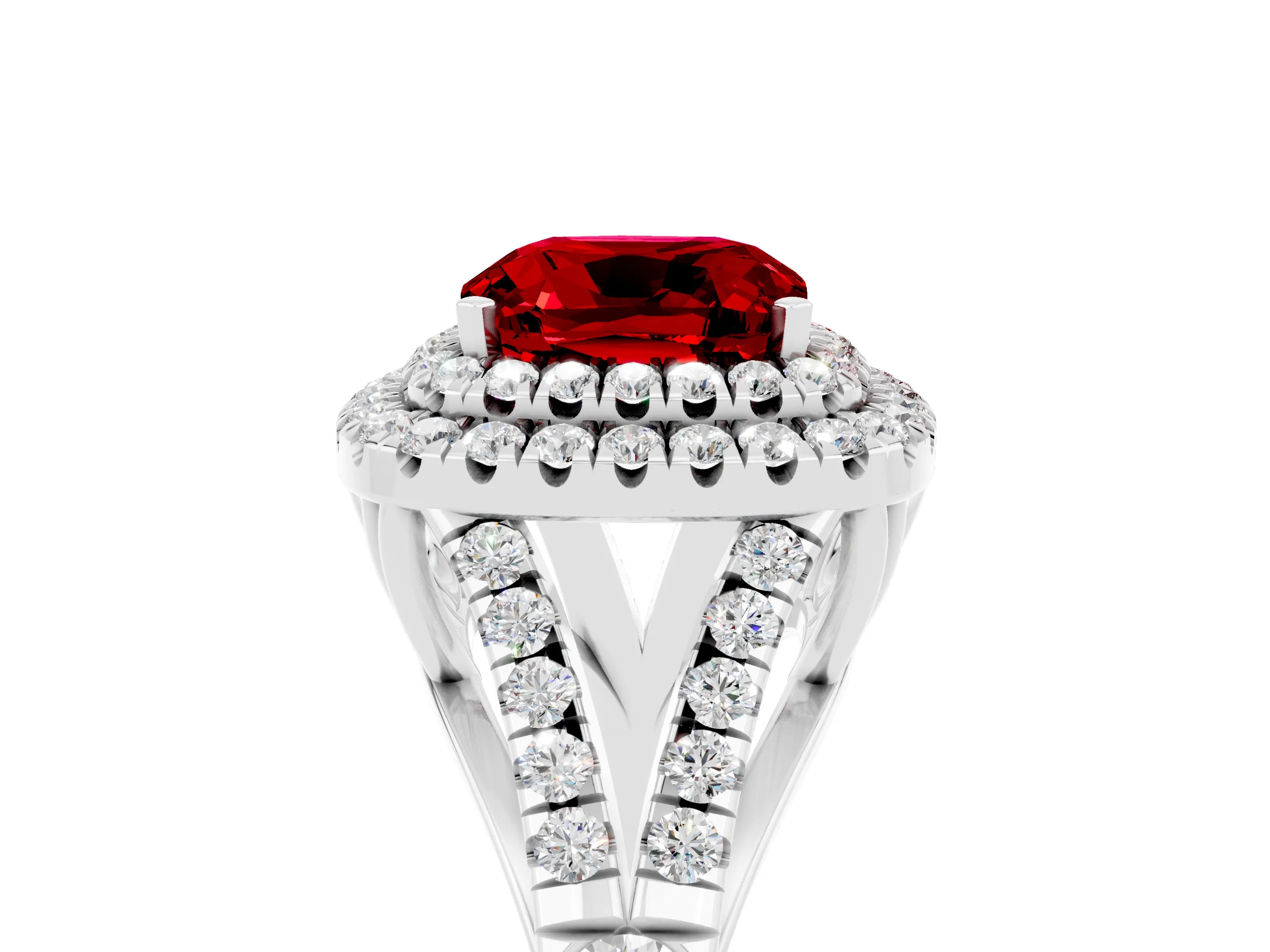 White gold Cushion Cut Ruby Double Halo Ring with Split Shank and Prong Setting_65