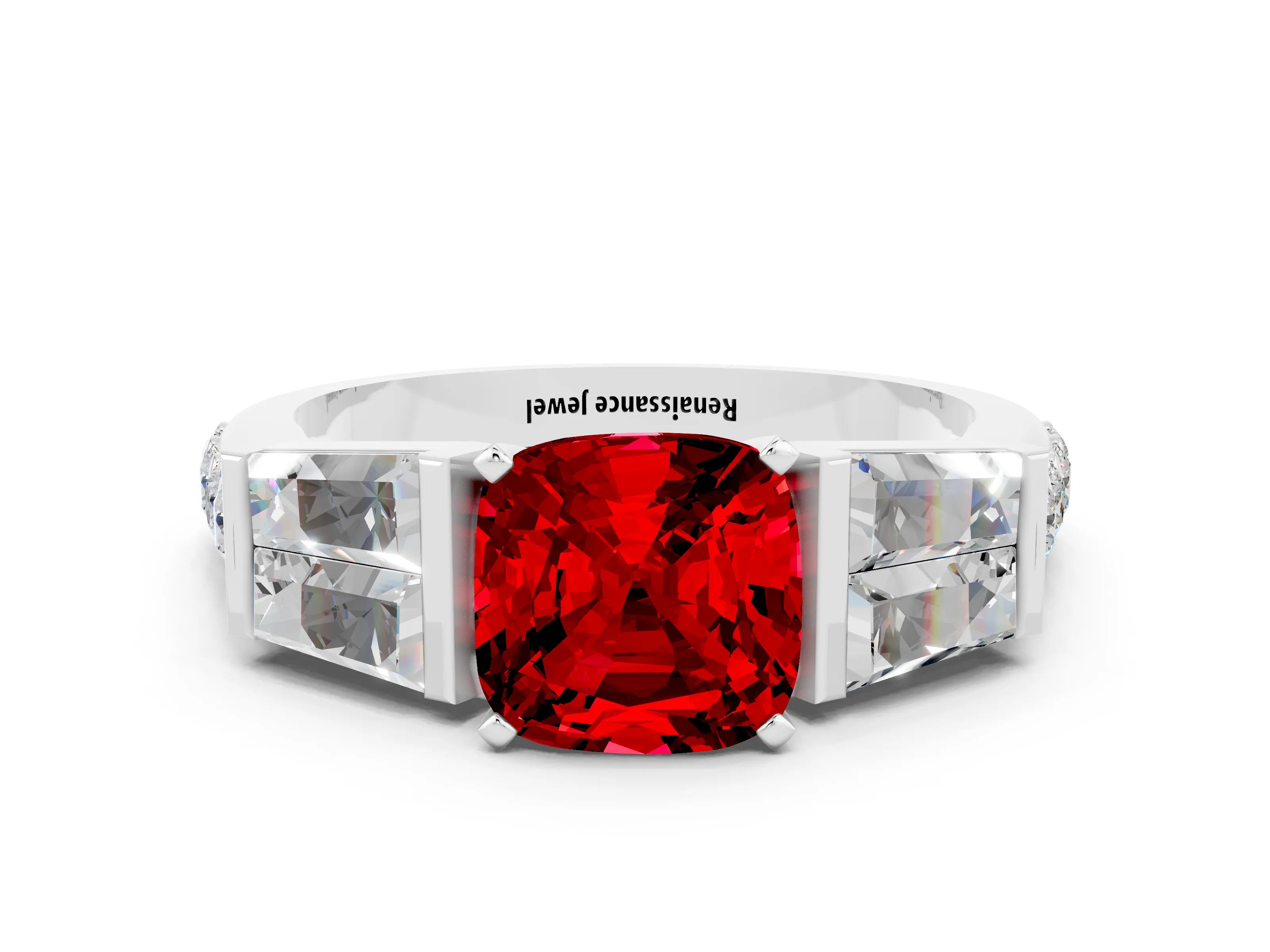 White gold Cushion Cut Ruby Engagement Ring with Baguette Side Stones and Channel Set Band