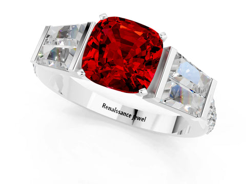 White gold Cushion Cut Ruby Engagement Ring with Baguette Side Stones and Channel Set Band_1