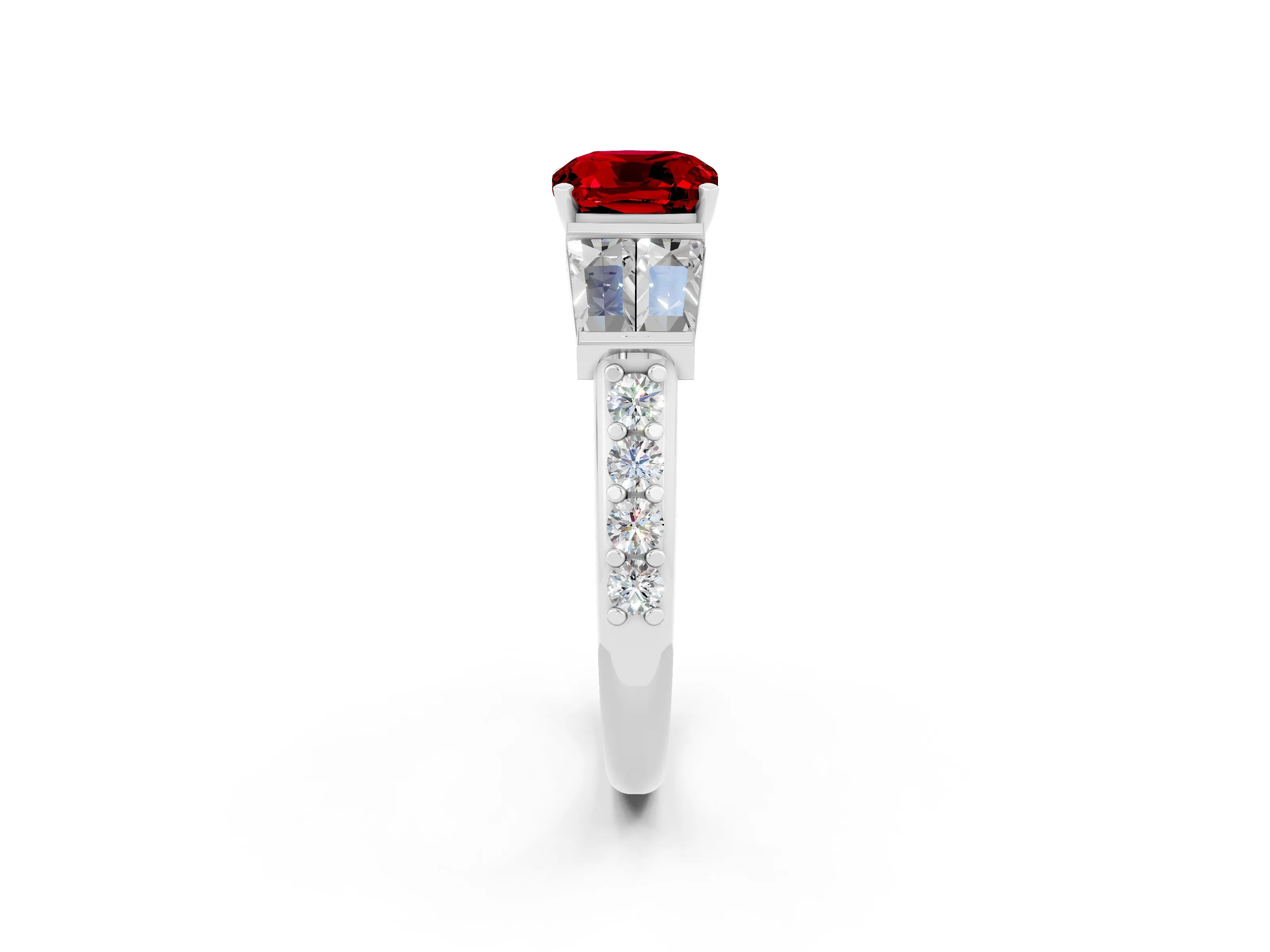 White gold Cushion Cut Ruby Engagement Ring with Baguette Side Stones and Channel Set Band_2