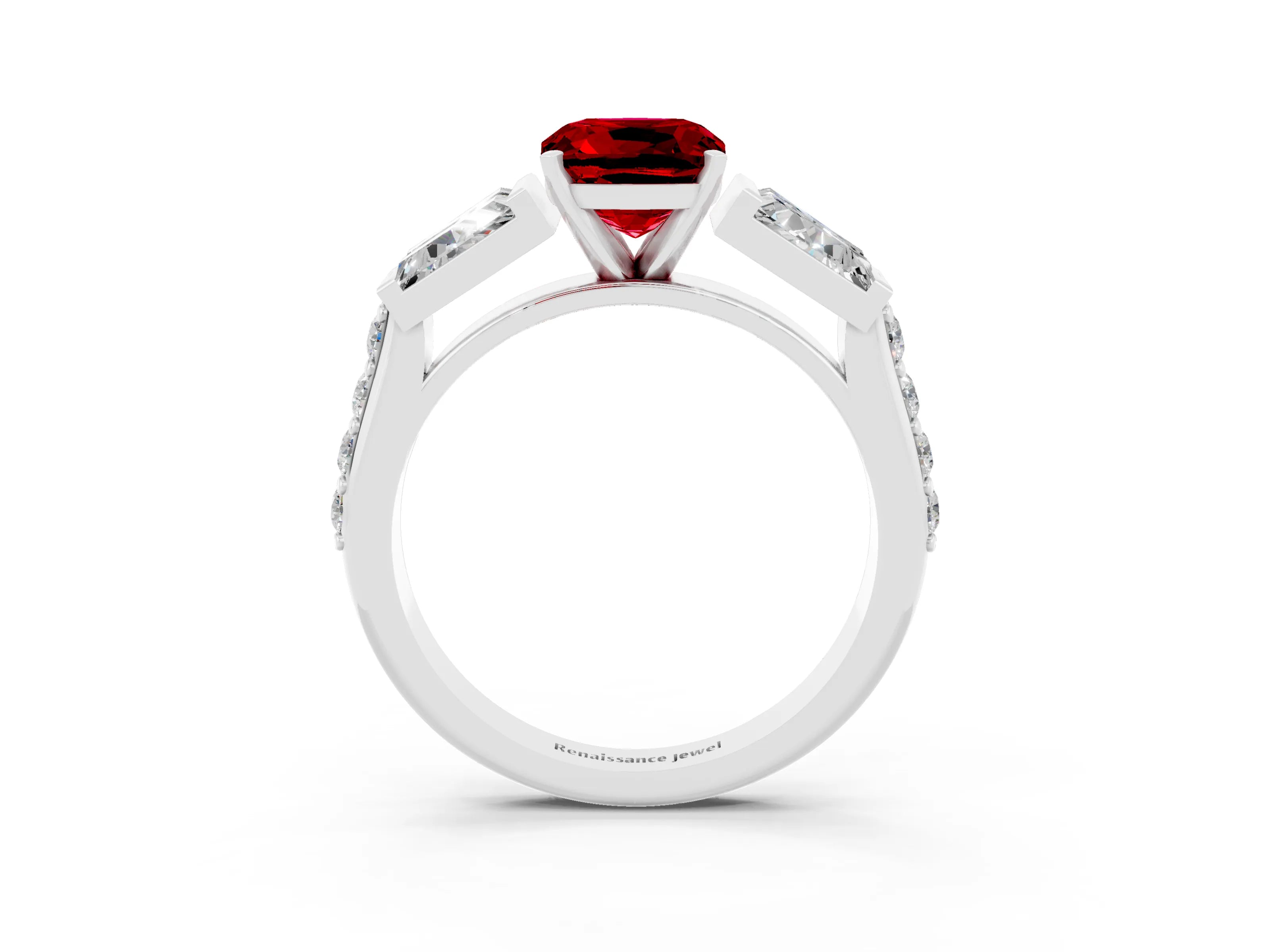 White gold Cushion Cut Ruby Engagement Ring with Baguette Side Stones and Channel Set Band_3