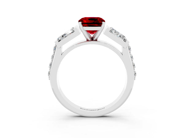 Silver Cushion Cut Ruby Engagement Ring with Baguette Side Stones and Channel Set Band