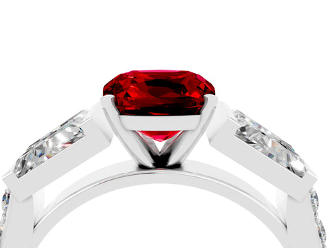 White gold Cushion Cut Ruby Engagement Ring with Baguette Side Stones and Channel Set Band_4