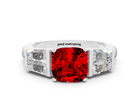 White gold Cushion Cut Ruby Engagement Ring with Baguette Side Stones and Channel Set Band