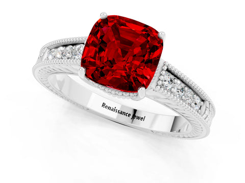 White gold Cushion Cut Ruby Engagement Ring with Milgrain Channel Set Band and Prong Setting_1