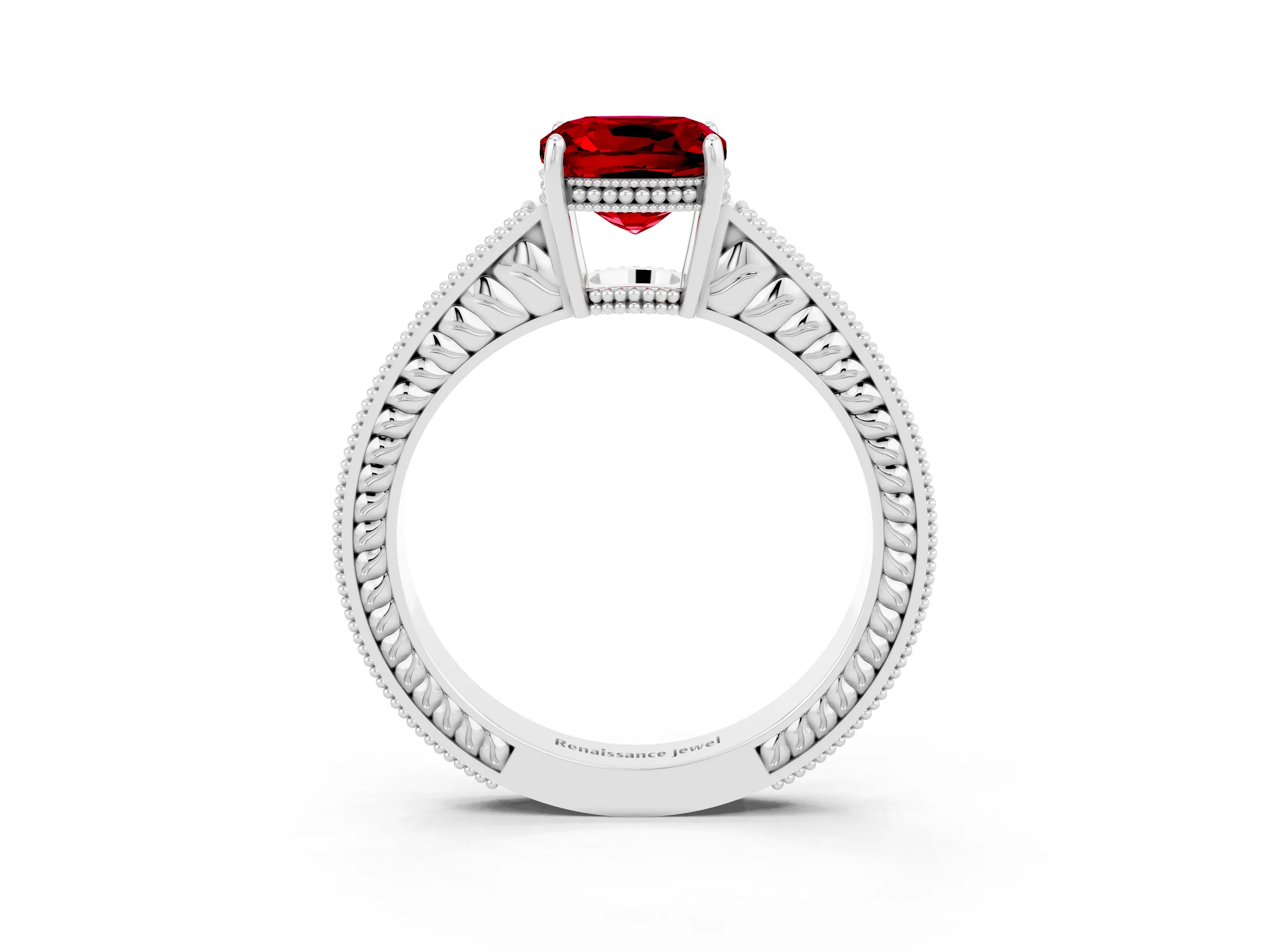 White gold Cushion Cut Ruby Engagement Ring with Milgrain Channel Set Band and Prong Setting_3