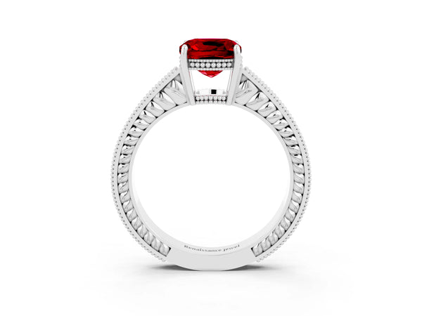 Platinum Cushion Cut Ruby Engagement Ring with Milgrain Channel Set Band and Prong Setting
