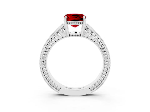 White gold Cushion Cut Ruby Engagement Ring with Milgrain Channel Set Band and Prong Setting_3