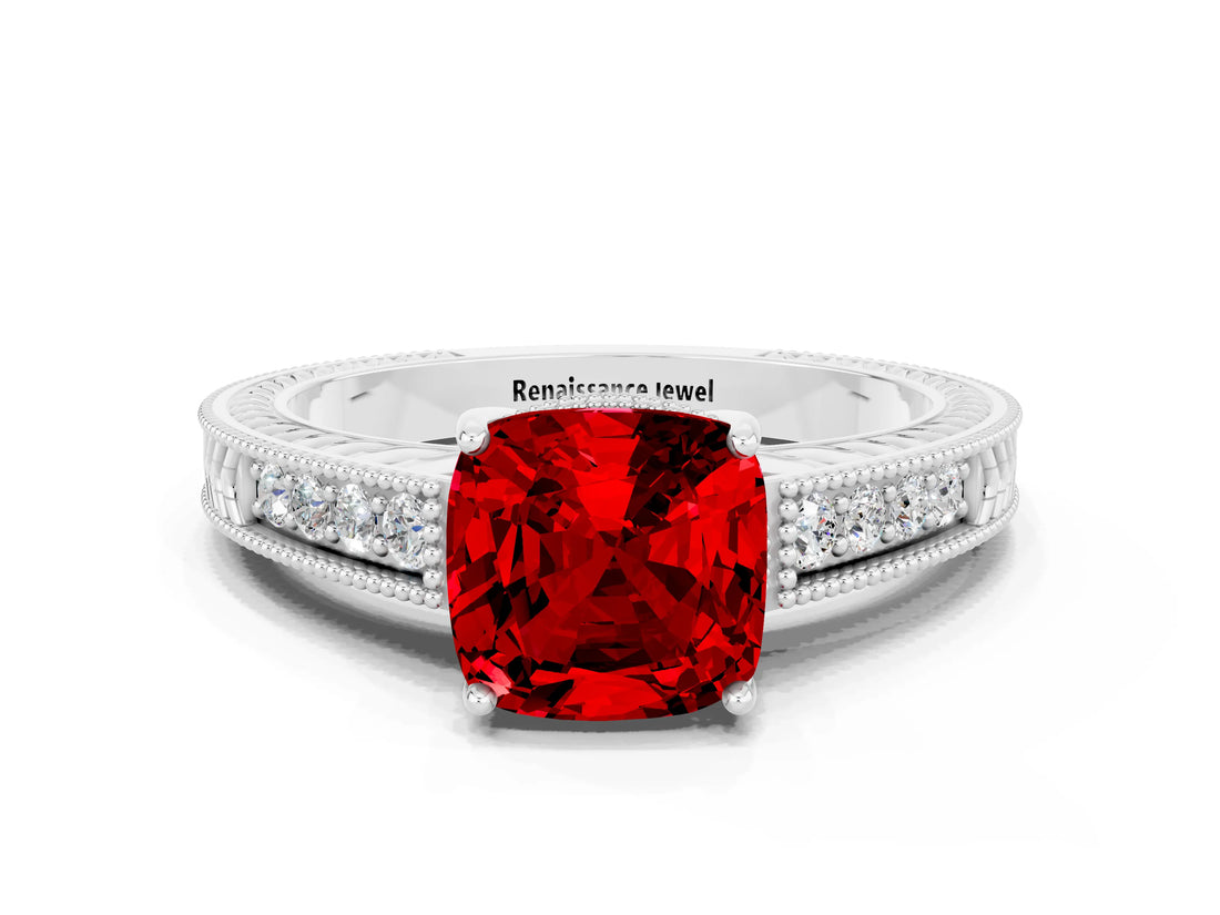 White gold Cushion Cut Ruby Engagement Ring with Milgrain Channel Set Band and Prong Setting