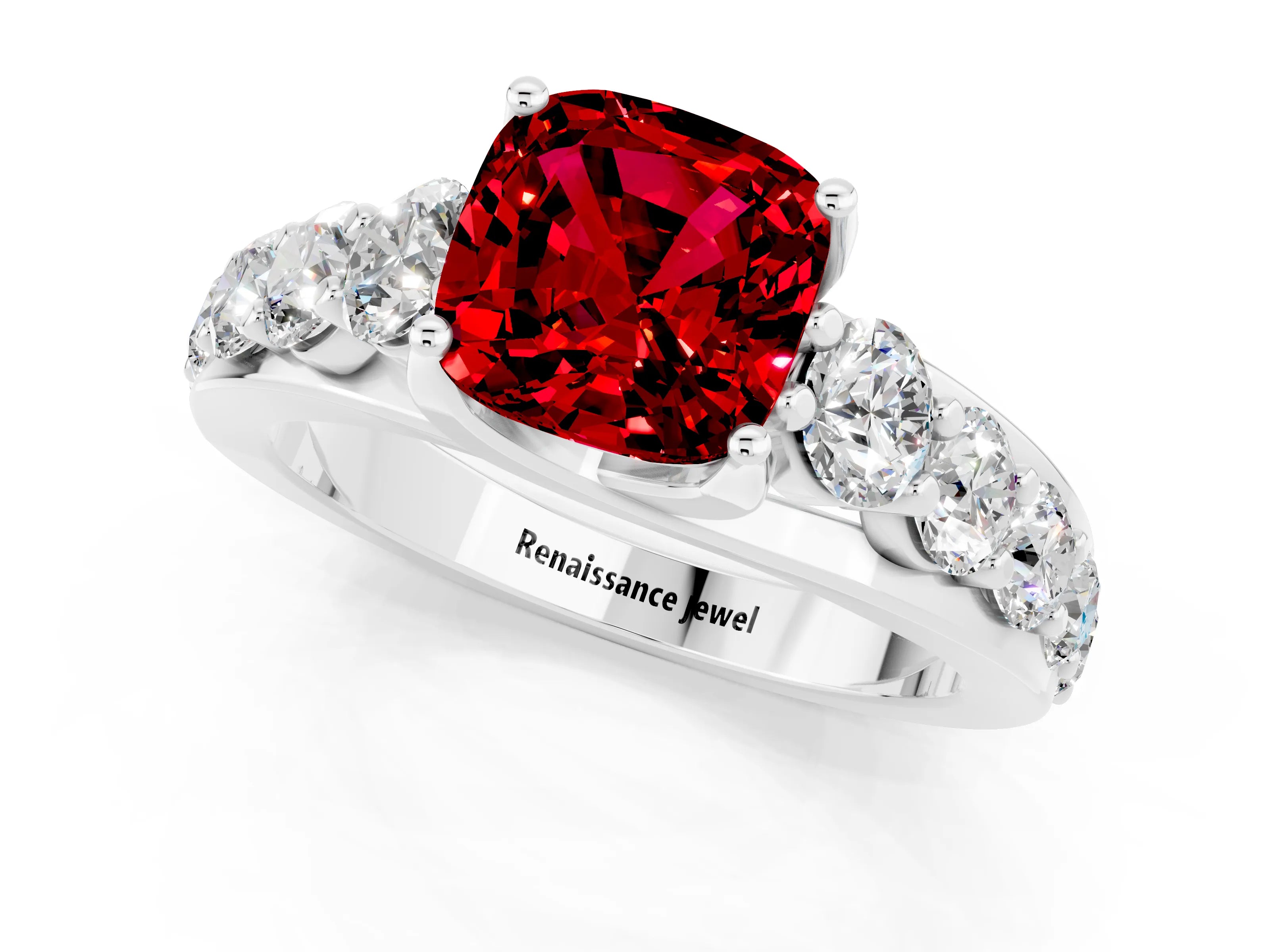 White gold Cushion Cut Ruby Engagement Ring with Pavé Band and Four-Prong Setting_1