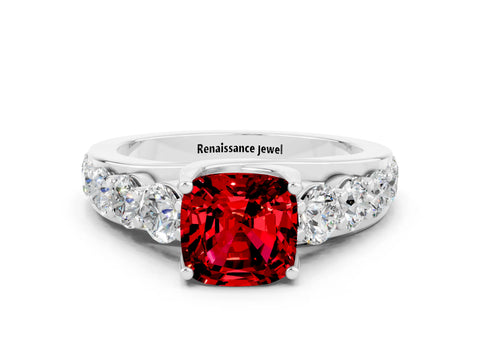 White gold Cushion Cut Ruby Engagement Ring with Pavé Band and Four-Prong Setting