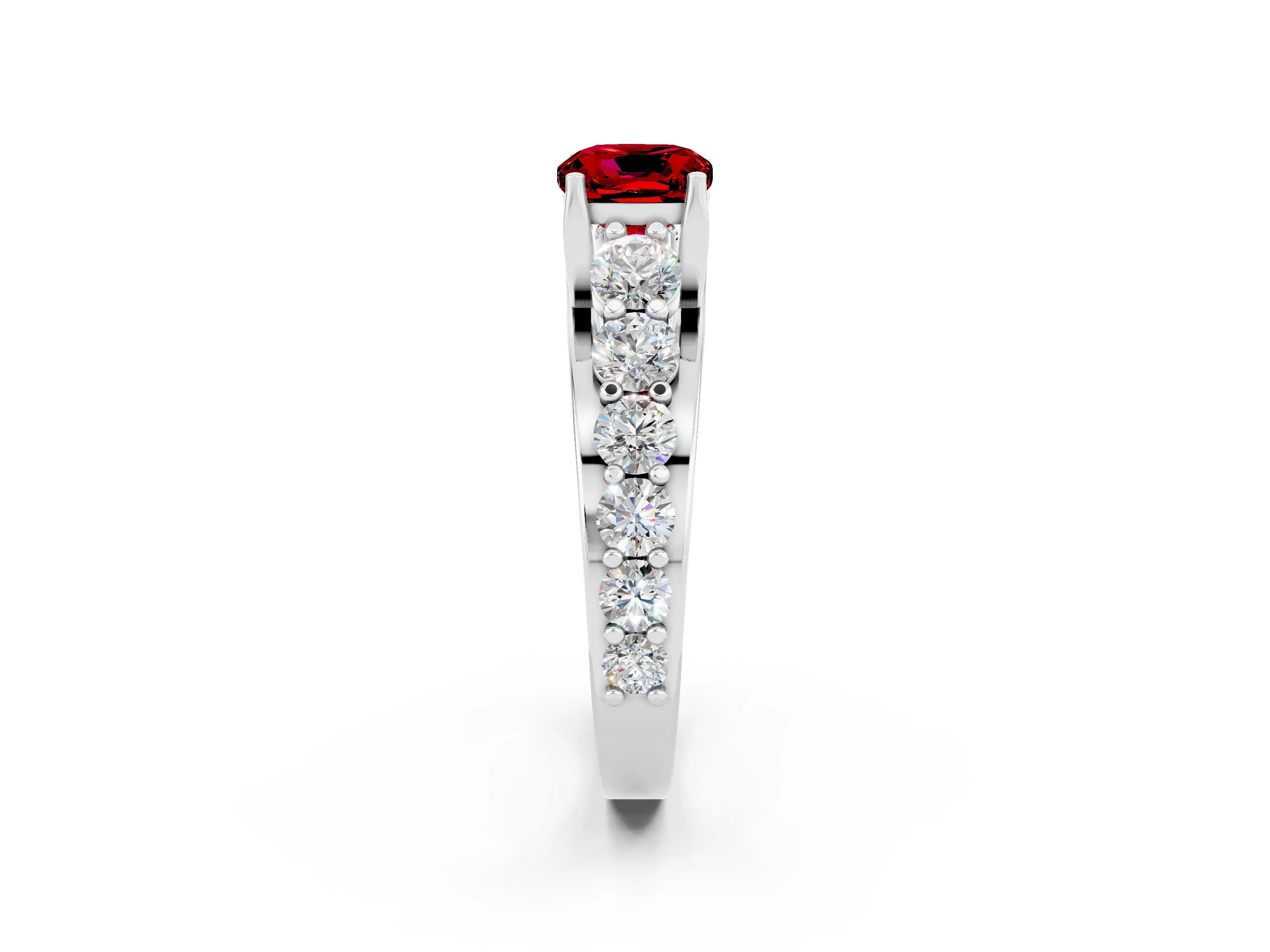 White gold Cushion Cut Ruby Engagement Ring with Pavé Band and Four-Prong Setting_2