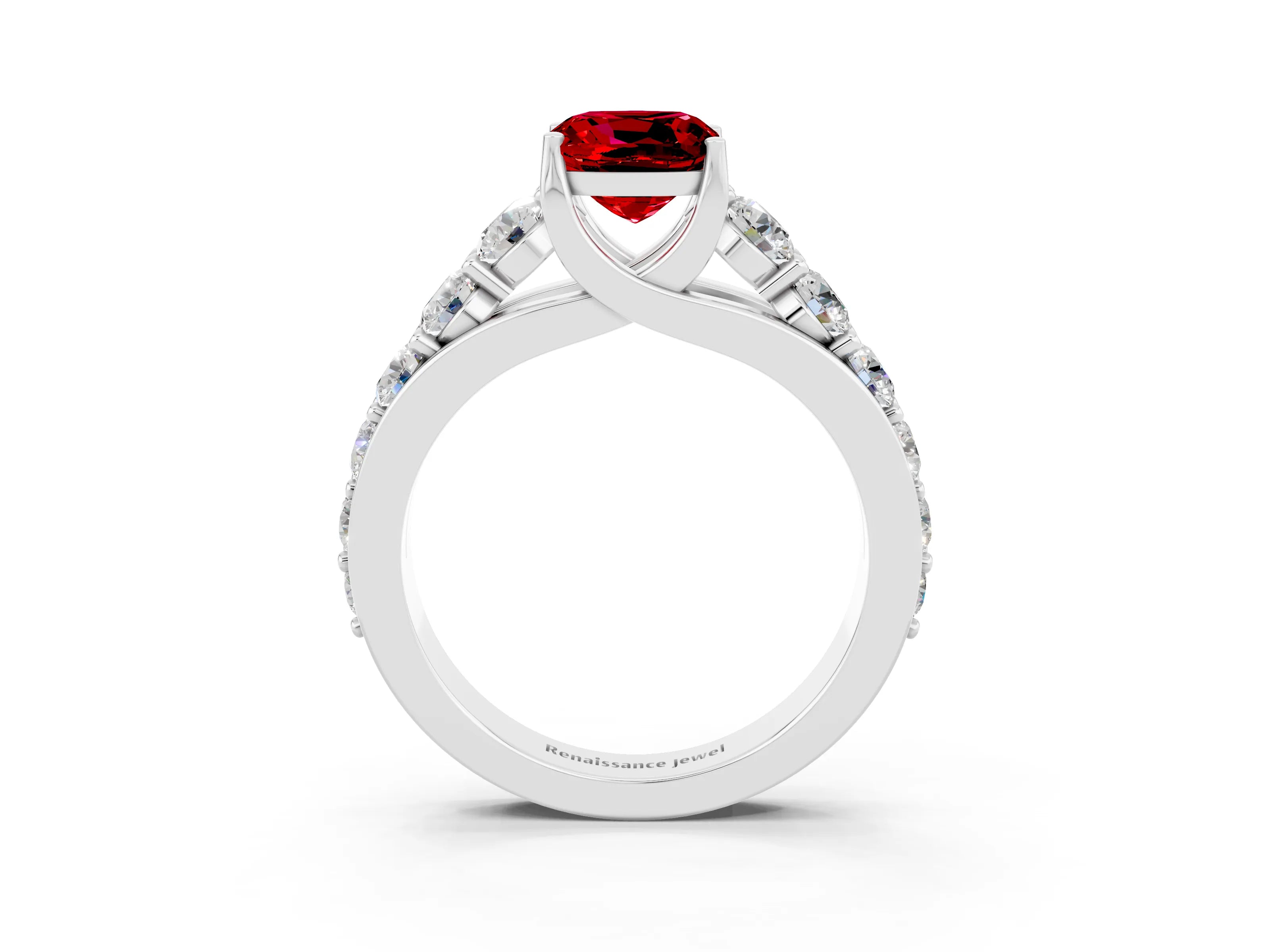 White gold Cushion Cut Ruby Engagement Ring with Pavé Band and Four-Prong Setting_3