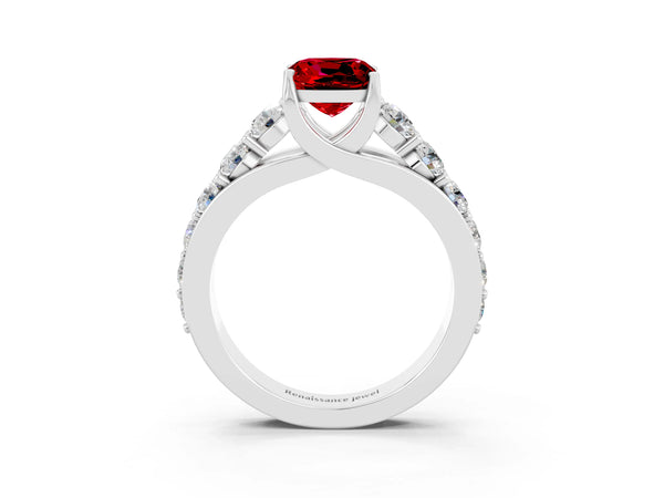 Platinum Cushion Cut Ruby Engagement Ring with Pavé Band and Four-Prong Setting