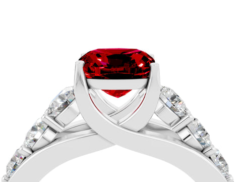 White gold Cushion Cut Ruby Engagement Ring with Pavé Band and Four-Prong Setting_4