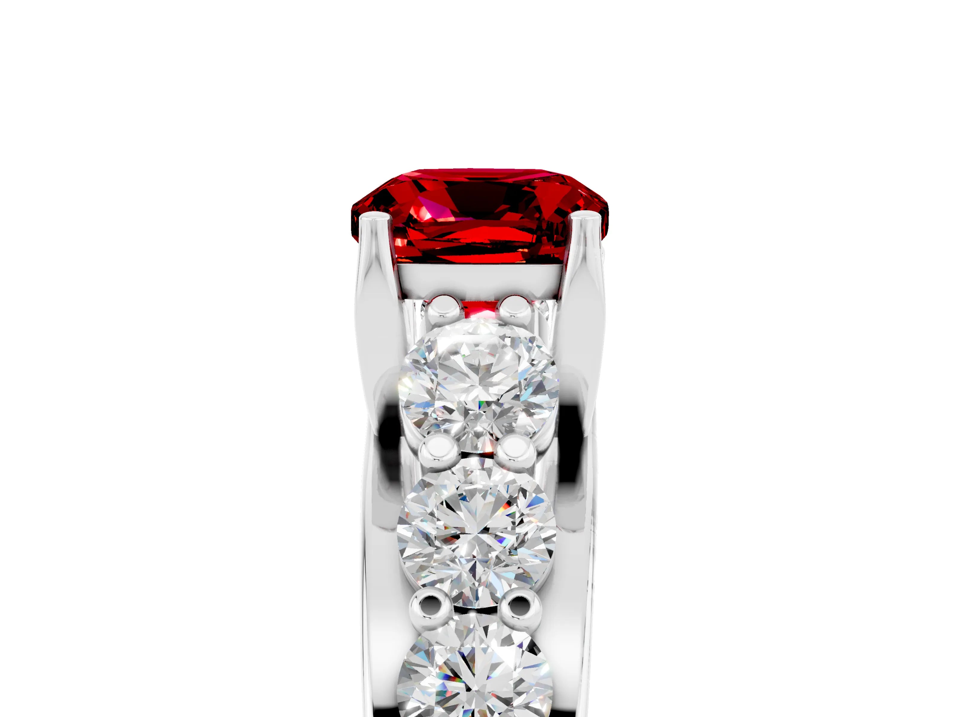White gold Cushion Cut Ruby Engagement Ring with Pavé Band and Four-Prong Setting_5