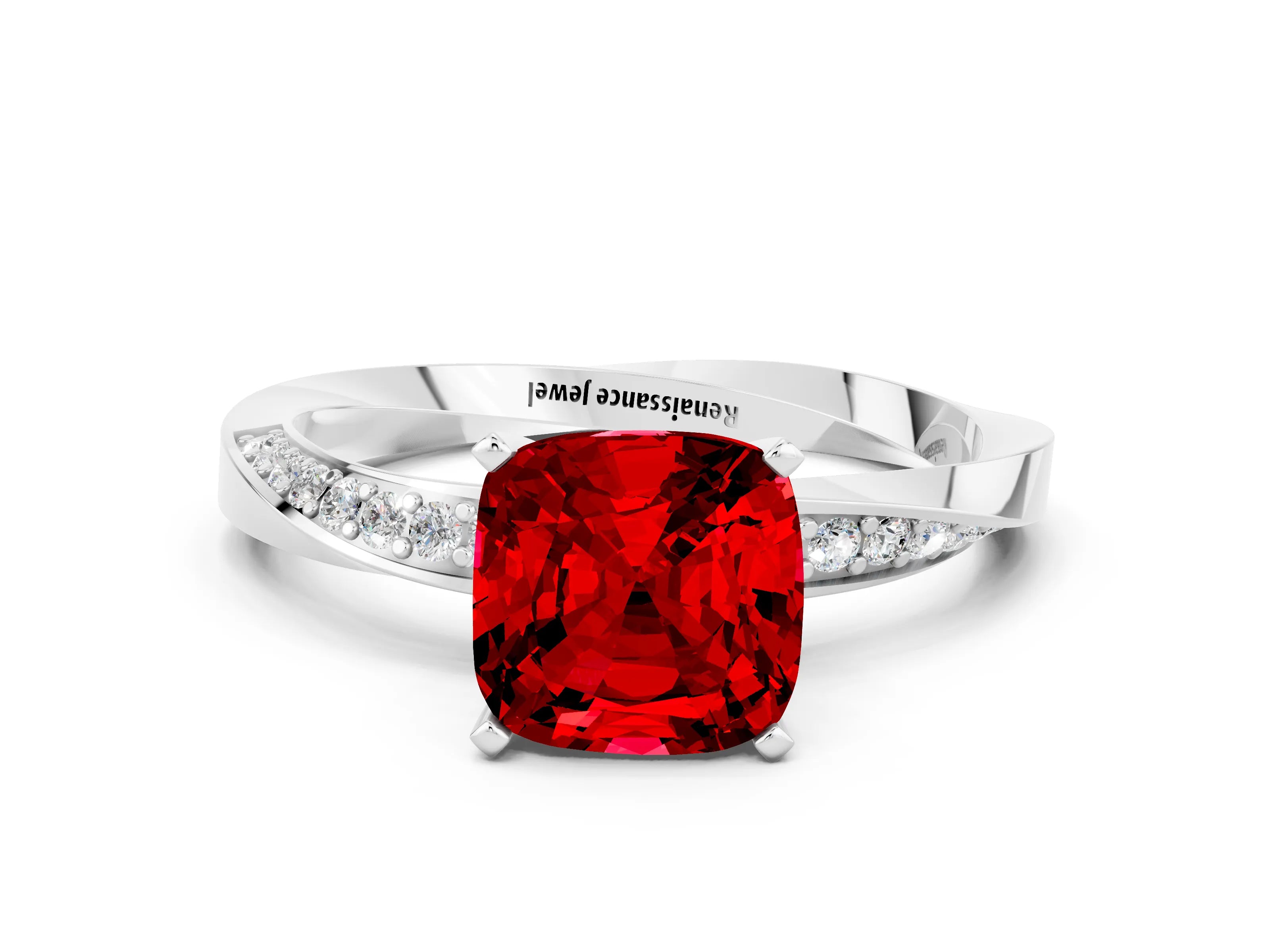 White gold Cushion Cut Ruby Engagement Ring with Side Stone Accents and Four-Prong Setting_46