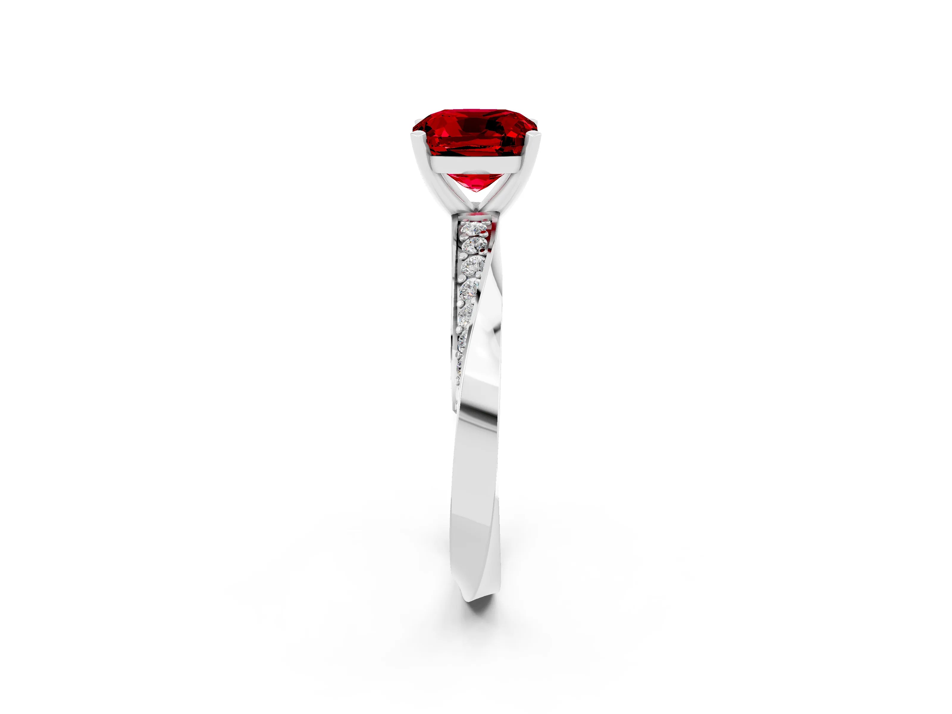 White gold Cushion Cut Ruby Engagement Ring with Side Stone Accents and Four-Prong Setting_48