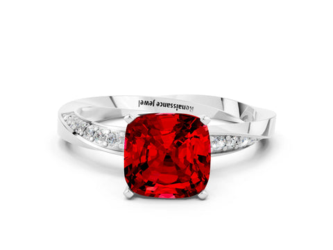 White gold Cushion Cut Ruby Engagement Ring with Side Stone Accents and Four-Prong Setting_51
