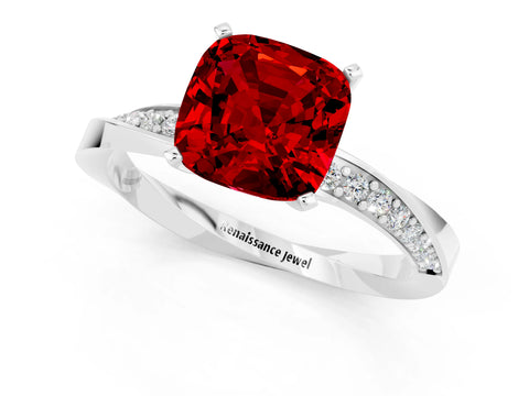 White gold Cushion Cut Ruby Engagement Ring with Side Stone Accents and Four-Prong Setting_52