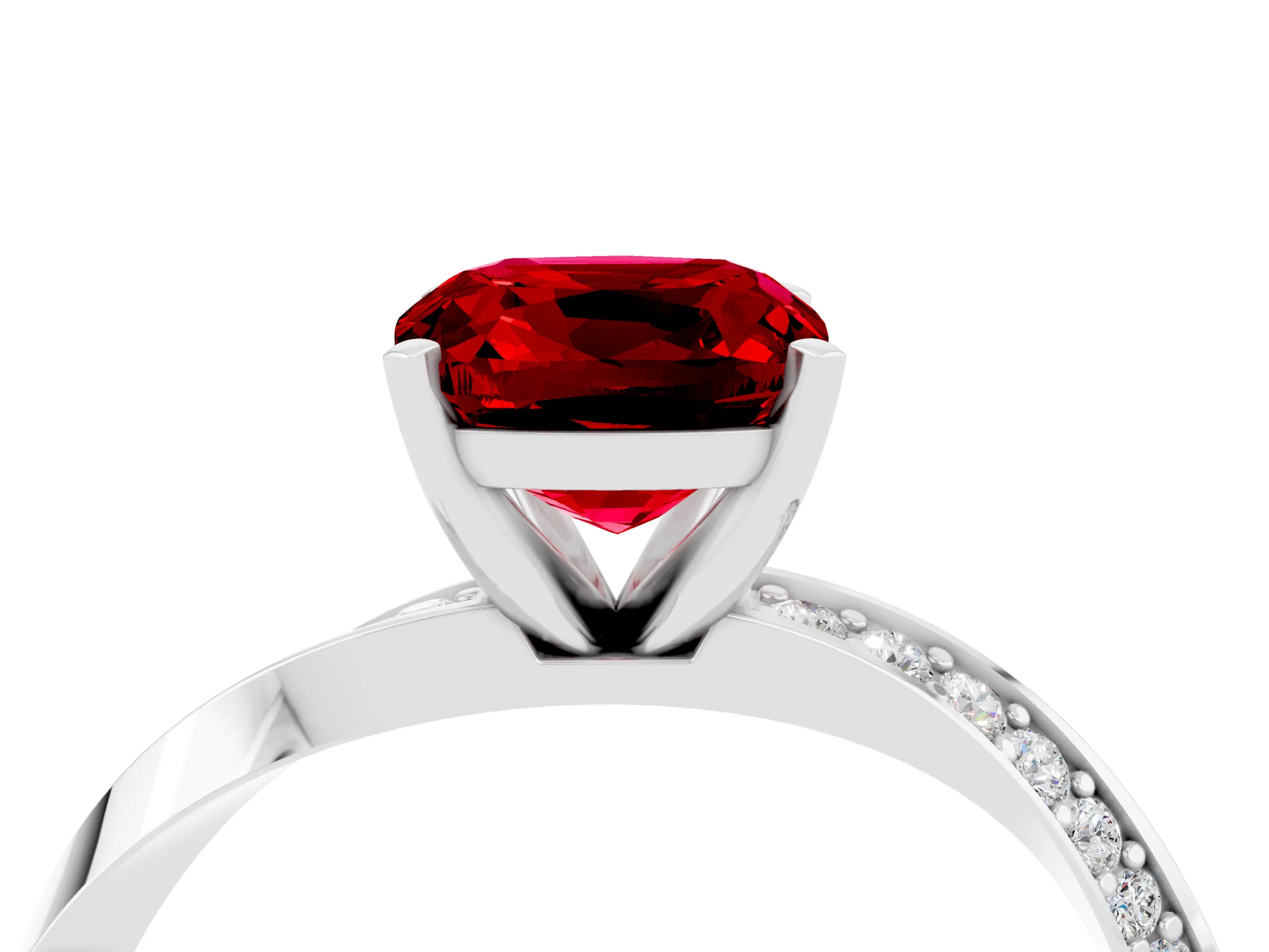 White gold Cushion Cut Ruby Engagement Ring with Side Stone Accents and Four-Prong Setting_55