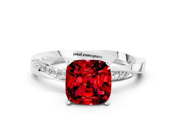 White gold Cushion Cut Ruby Engagement Ring with Side Stone Accents and Four-Prong Setting
