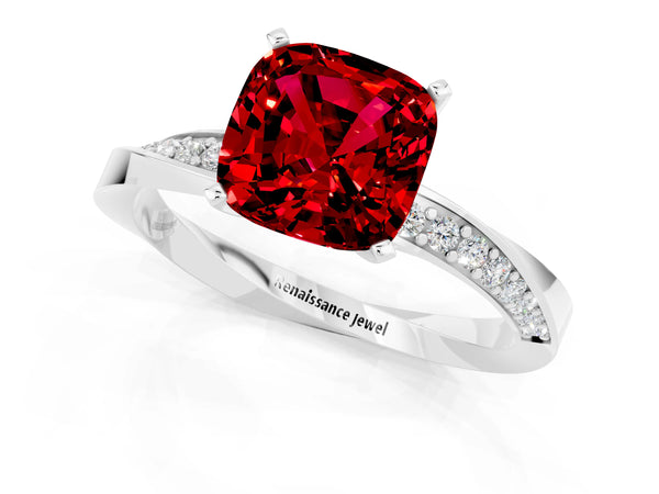 White gold Cushion Cut Ruby Engagement Ring with Side Stone Accents and Four-Prong Setting