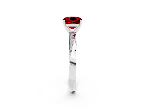 White gold Cushion Cut Ruby Engagement Ring with Side Stone Accents and Four-Prong Setting