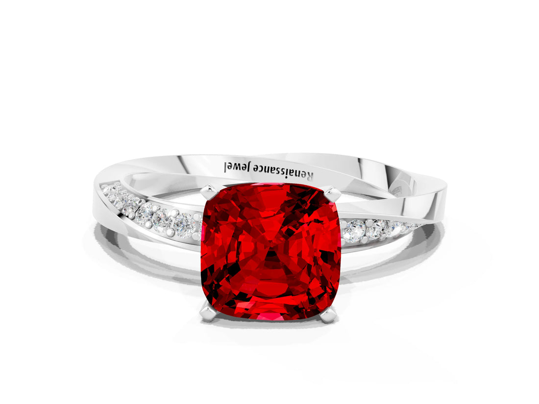 White gold Cushion Cut Ruby Engagement Ring with Side Stone Accents and Four-Prong Setting_96