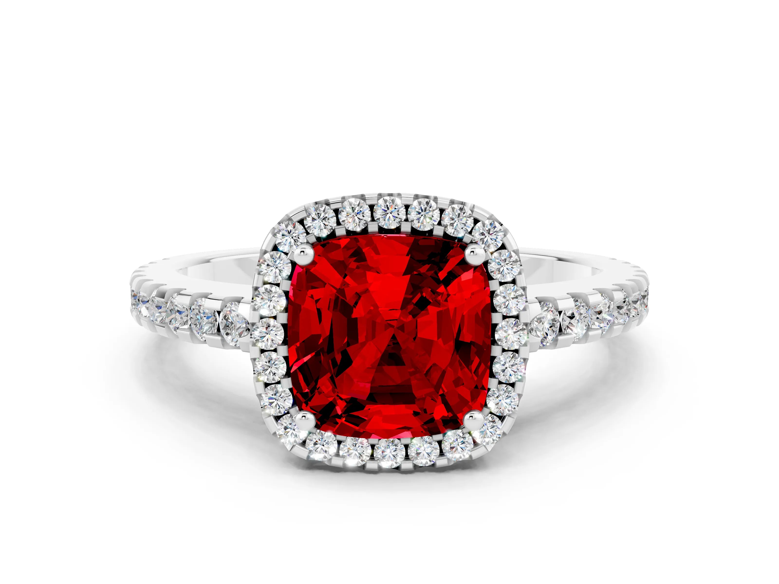 White gold Cushion Cut Ruby Halo Engagement Ring with Pavé Band and Prong Setting_12