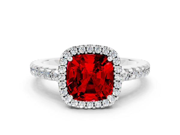 Silver Cushion Cut Ruby Halo Engagement Ring with Pavé Band and Prong Setting