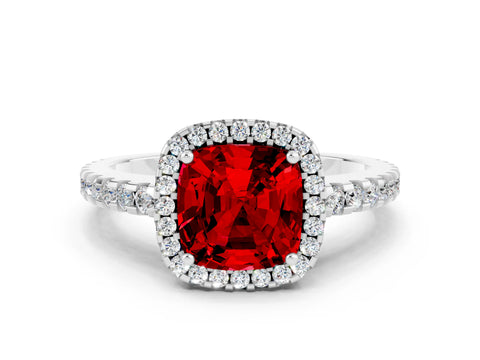 White gold Cushion Cut Ruby Halo Engagement Ring with Pavé Band and Prong Setting_12