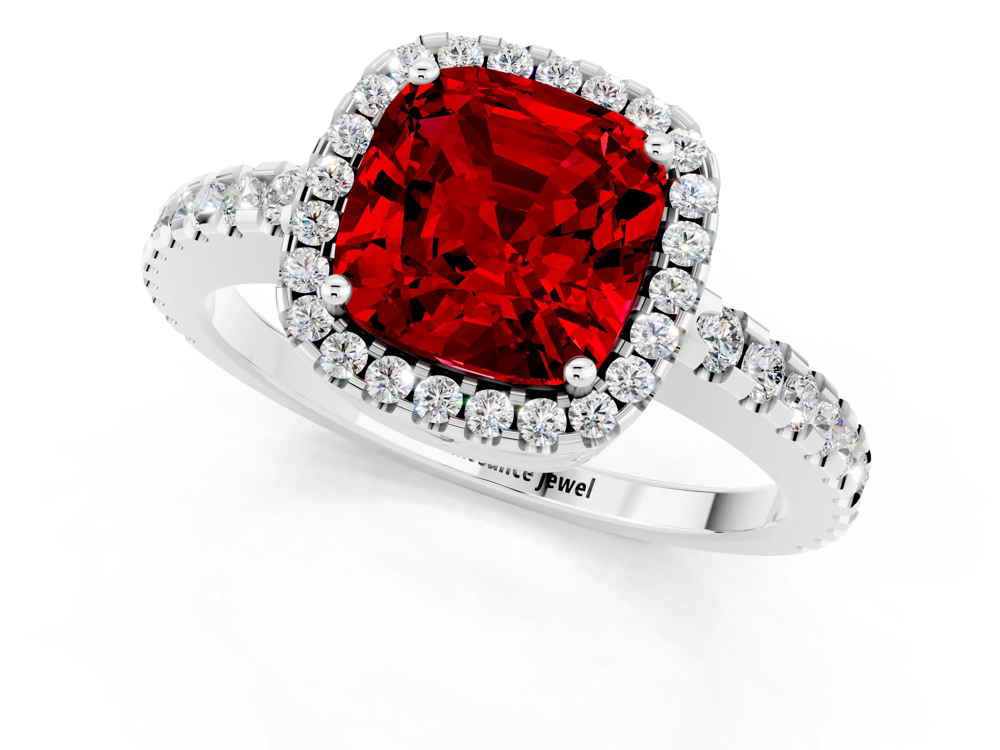 White gold Cushion Cut Ruby Halo Engagement Ring with Pavé Band and Prong Setting_13