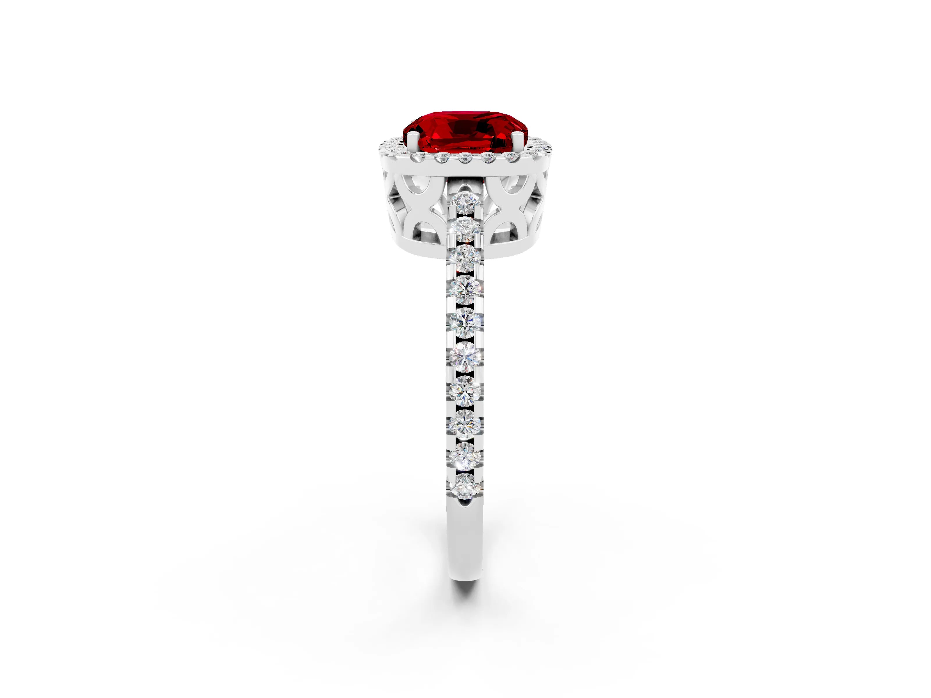 White gold Cushion Cut Ruby Halo Engagement Ring with Pavé Band and Prong Setting_14