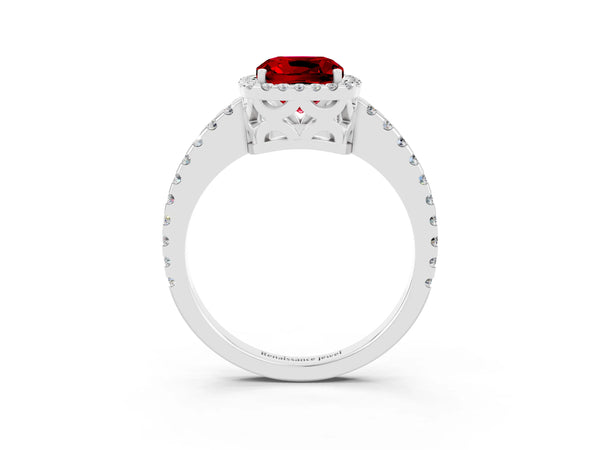 Platinum Cushion Cut Ruby Halo Engagement Ring with Pavé Band and Prong Setting