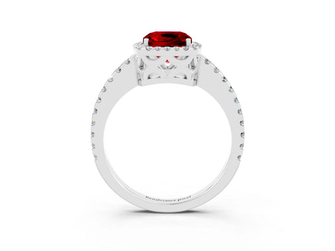 White gold Cushion Cut Ruby Halo Engagement Ring with Pavé Band and Prong Setting_15
