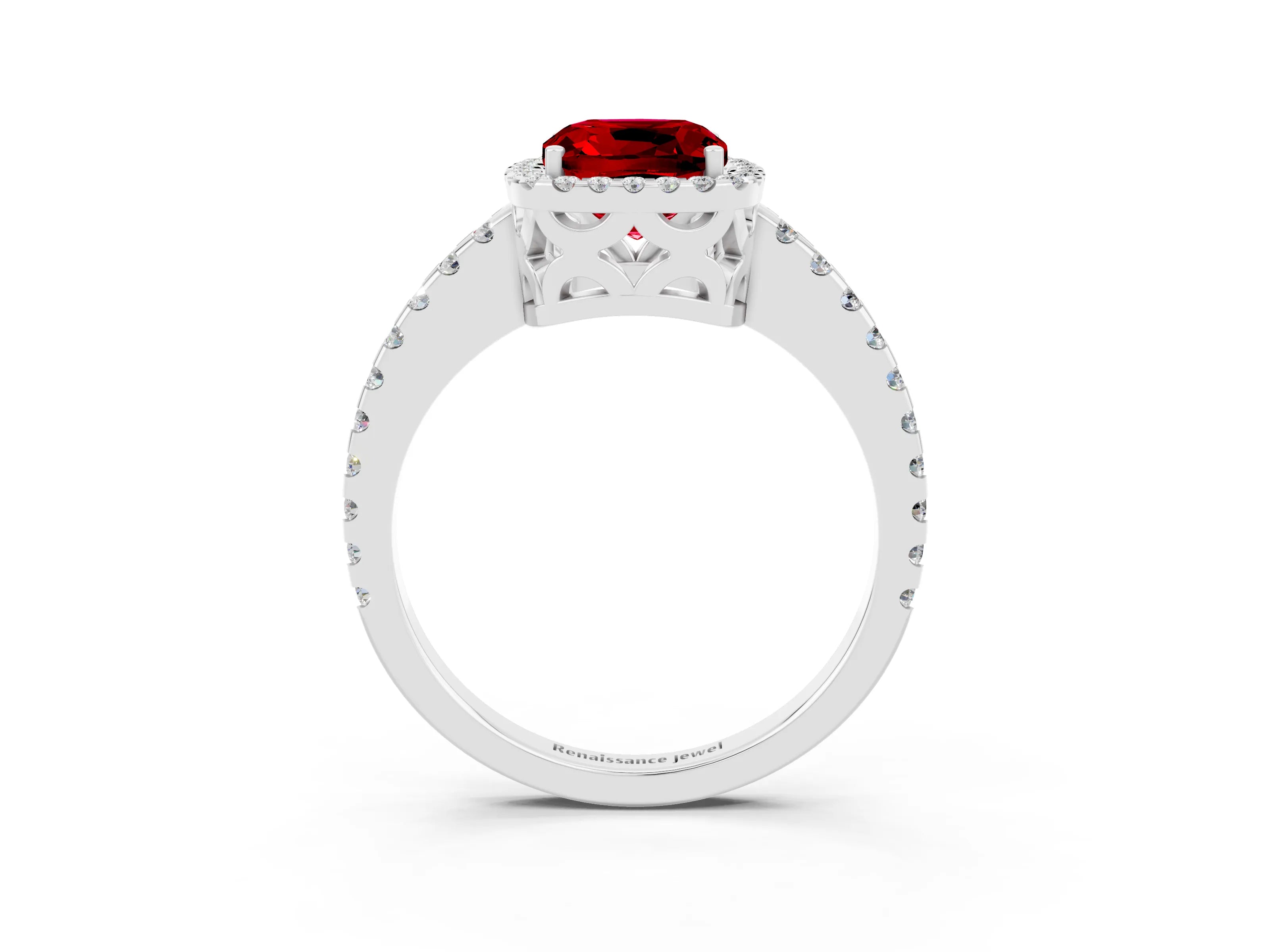 White gold Cushion Cut Ruby Halo Engagement Ring with Pavé Band and Prong Setting_15