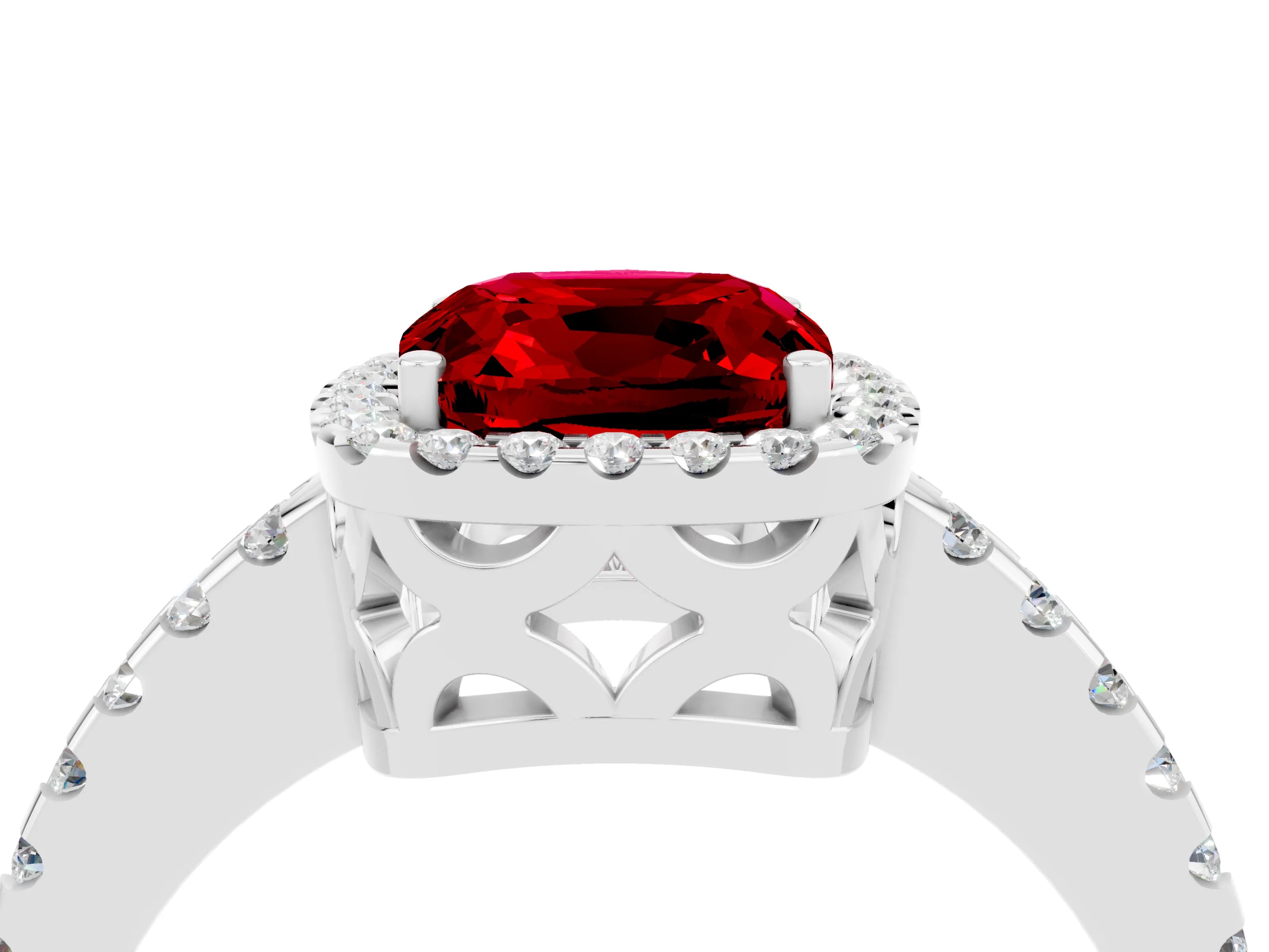 White gold Cushion Cut Ruby Halo Engagement Ring with Pavé Band and Prong Setting_16