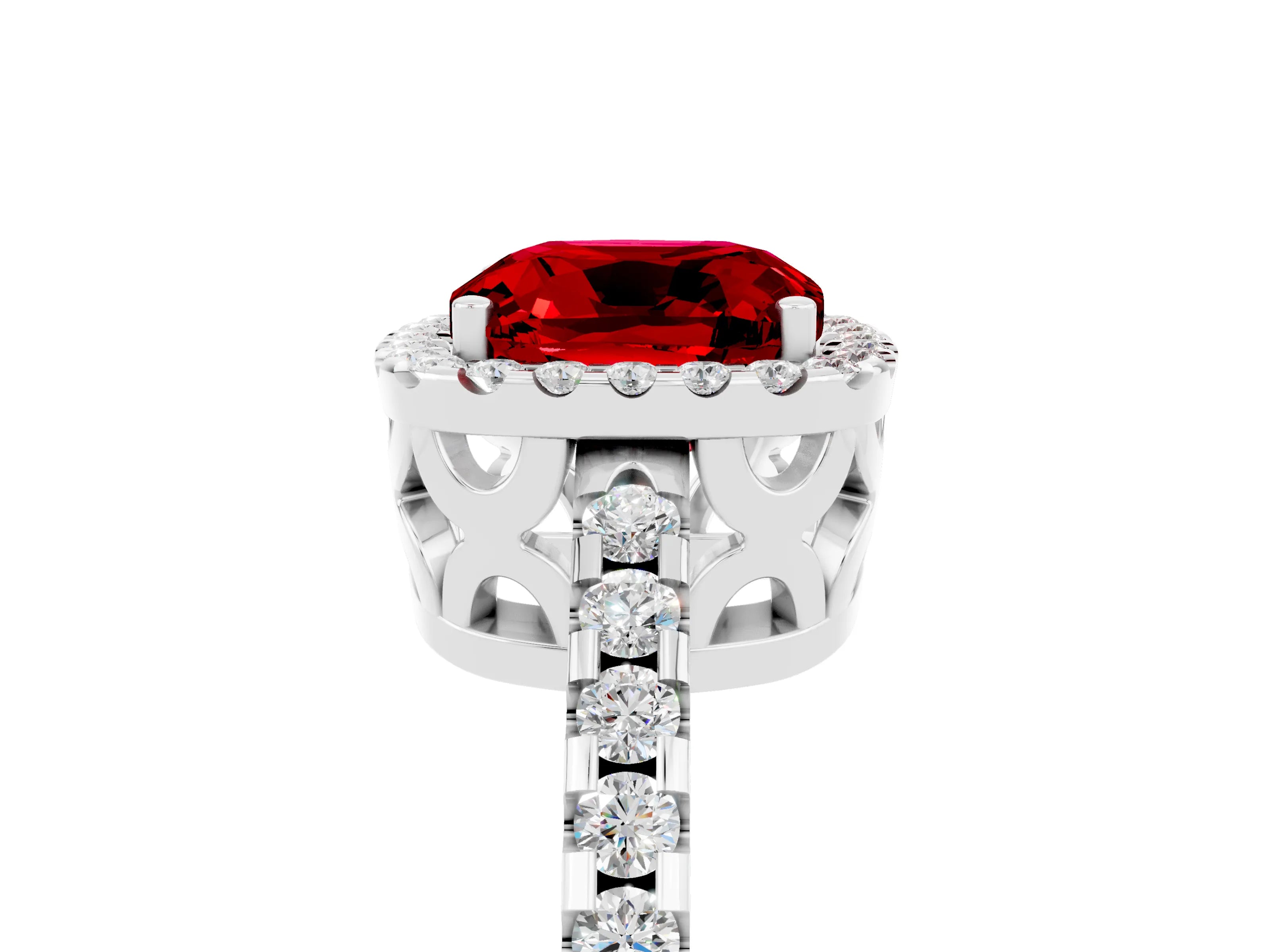 White gold Cushion Cut Ruby Halo Engagement Ring with Pavé Band and Prong Setting_17