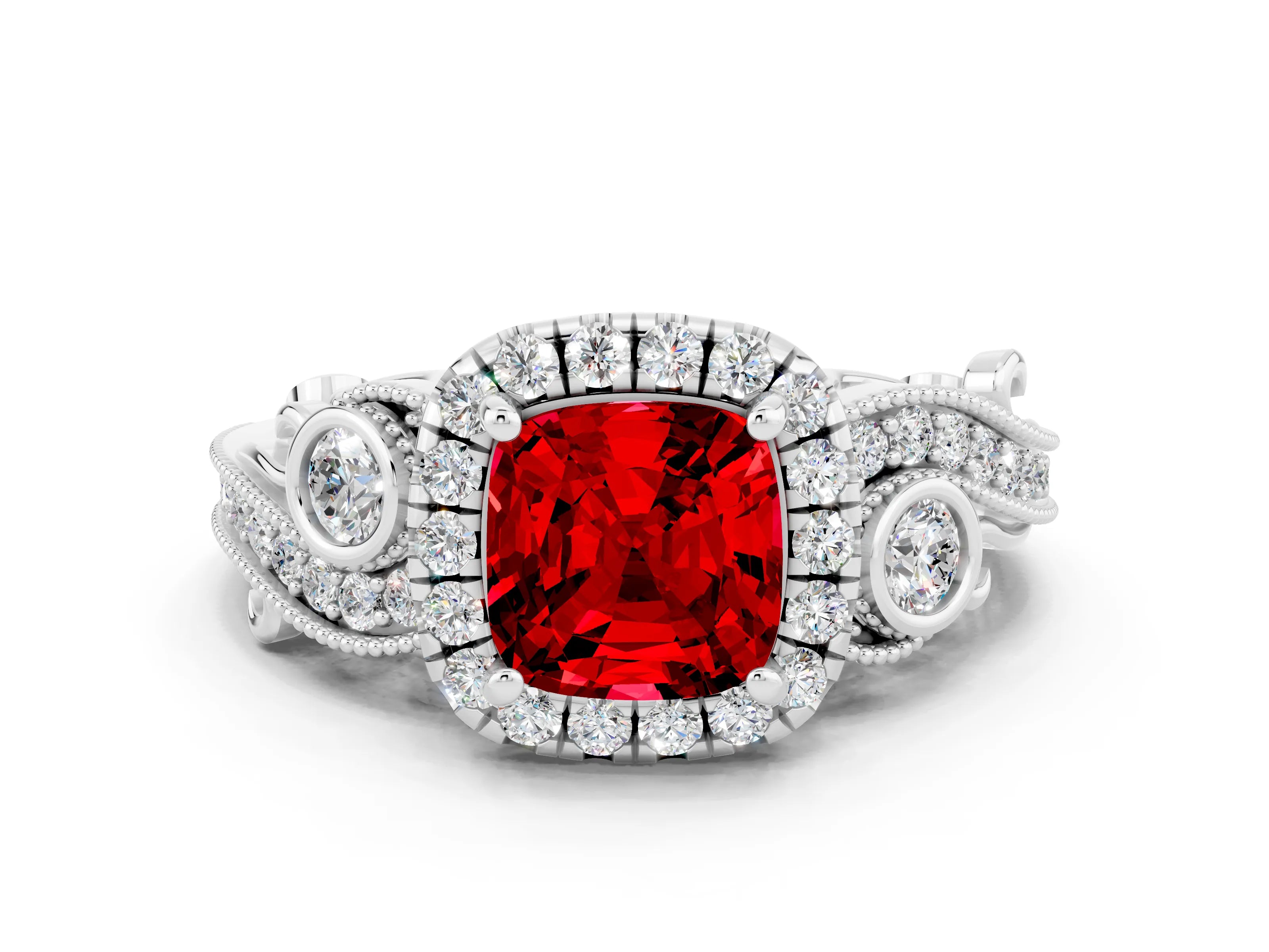 White gold Cushion Cut Ruby Halo Ring with Milgrain Pavé Band and Four-Prong Setting_12