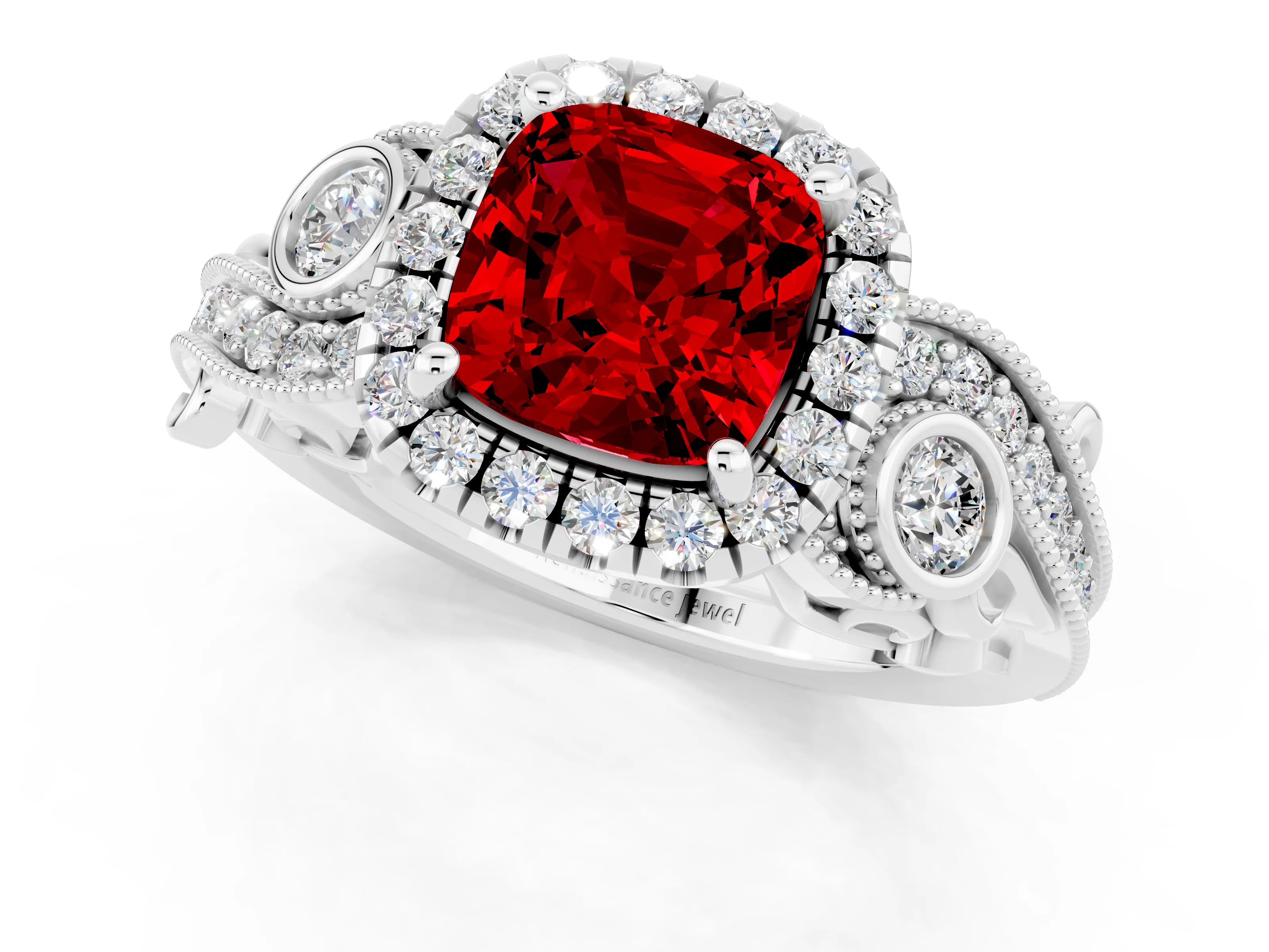 White gold Cushion Cut Ruby Halo Ring with Milgrain Pavé Band and Four-Prong Setting_13