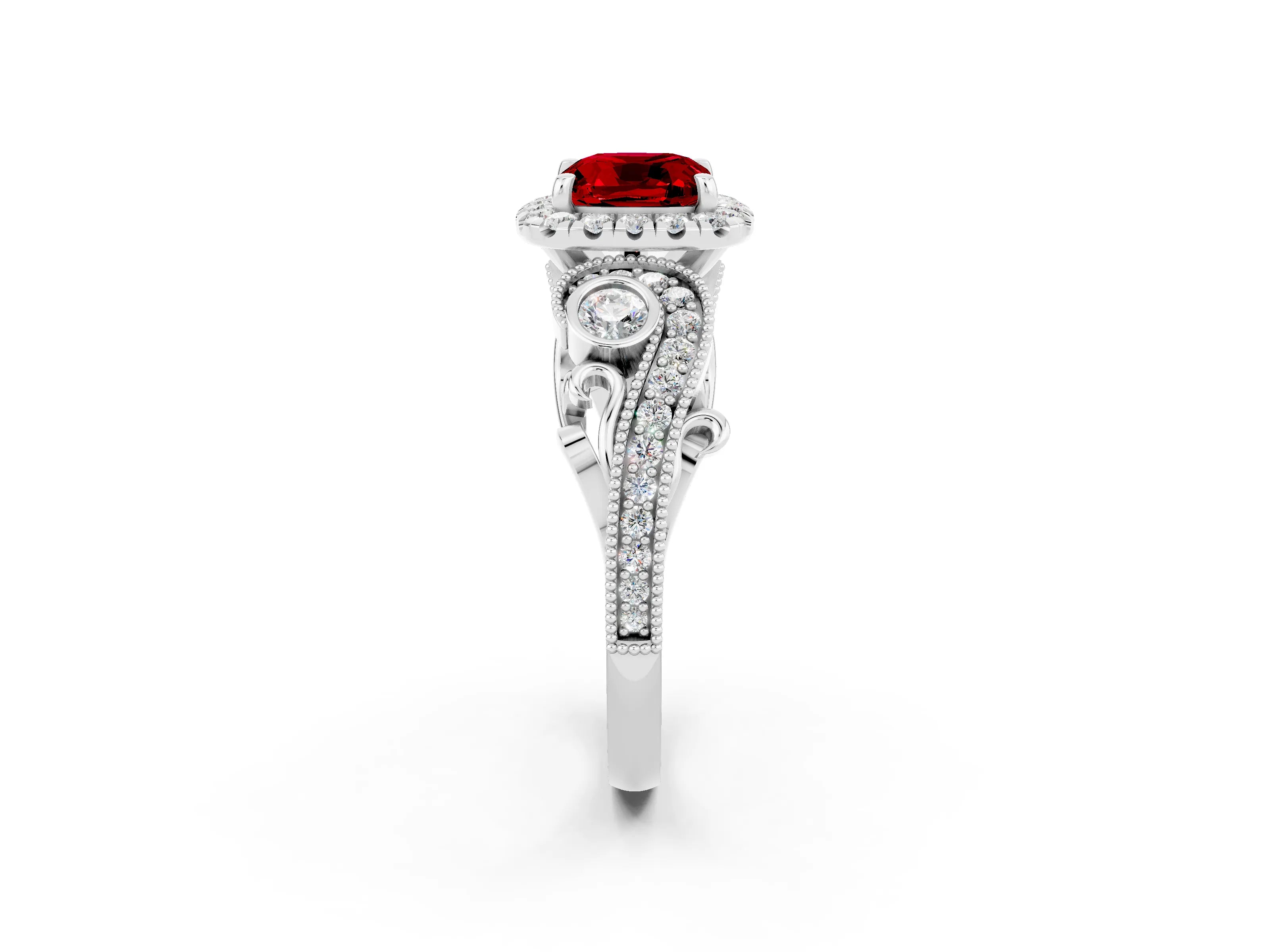 White gold Cushion Cut Ruby Halo Ring with Milgrain Pavé Band and Four-Prong Setting_14