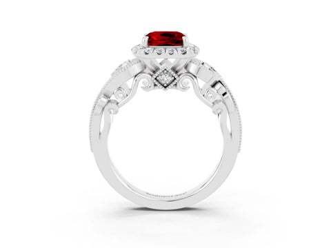 White gold Cushion Cut Ruby Halo Ring with Milgrain Pavé Band and Four-Prong Setting_15