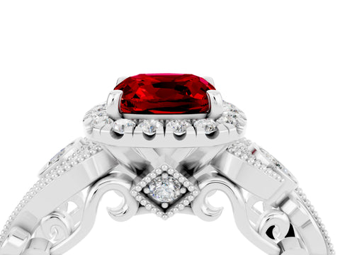 White gold Cushion Cut Ruby Halo Ring with Milgrain Pavé Band and Four-Prong Setting_16