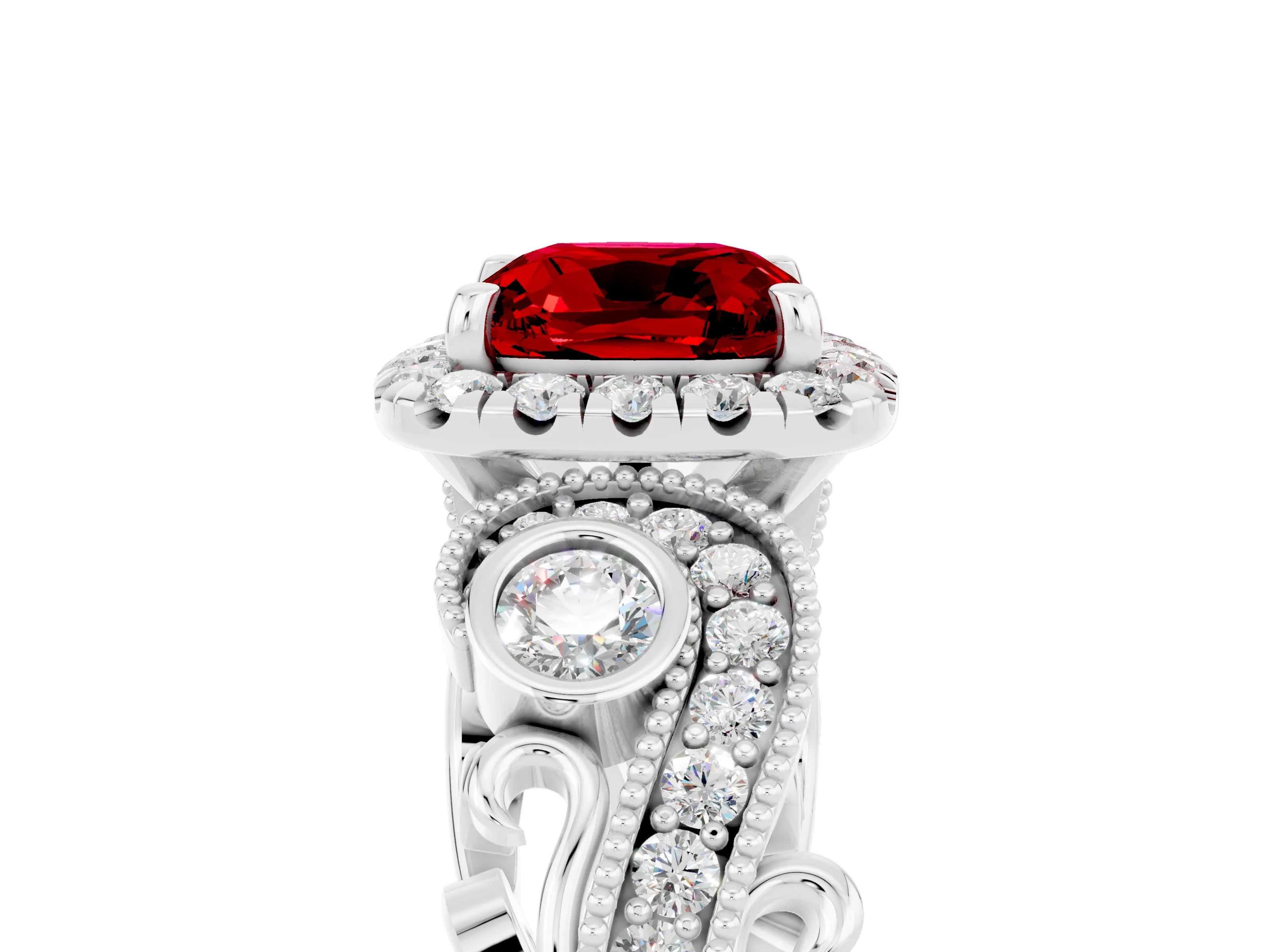 White gold Cushion Cut Ruby Halo Ring with Milgrain Pavé Band and Four-Prong Setting_17