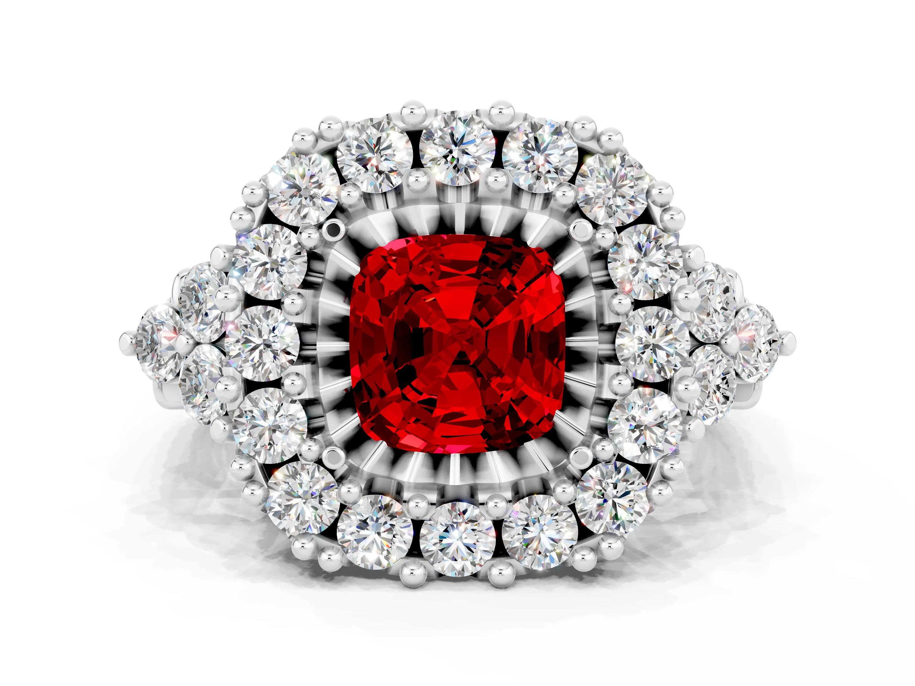 White gold Cushion Cut Ruby Halo Ring with Pavé Band and Four-Prong Setting_12