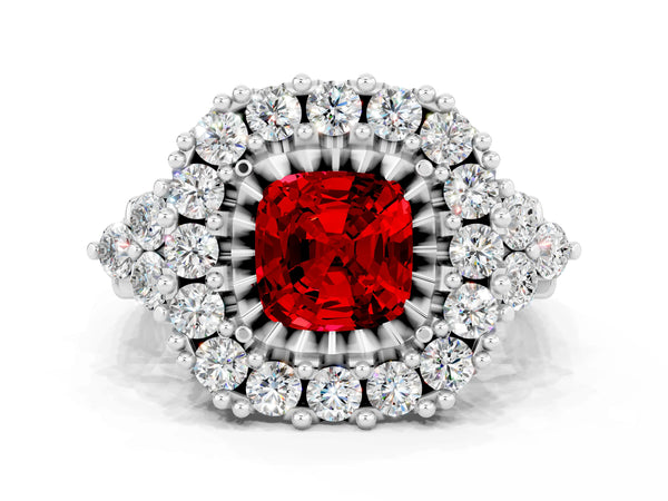 Platinum Cushion Cut Ruby Halo Ring with Pavé Band and Four-Prong Setting