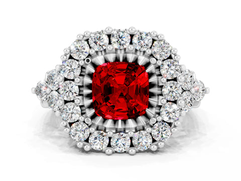 White gold Cushion Cut Ruby Halo Ring with Pavé Band and Four-Prong Setting_12