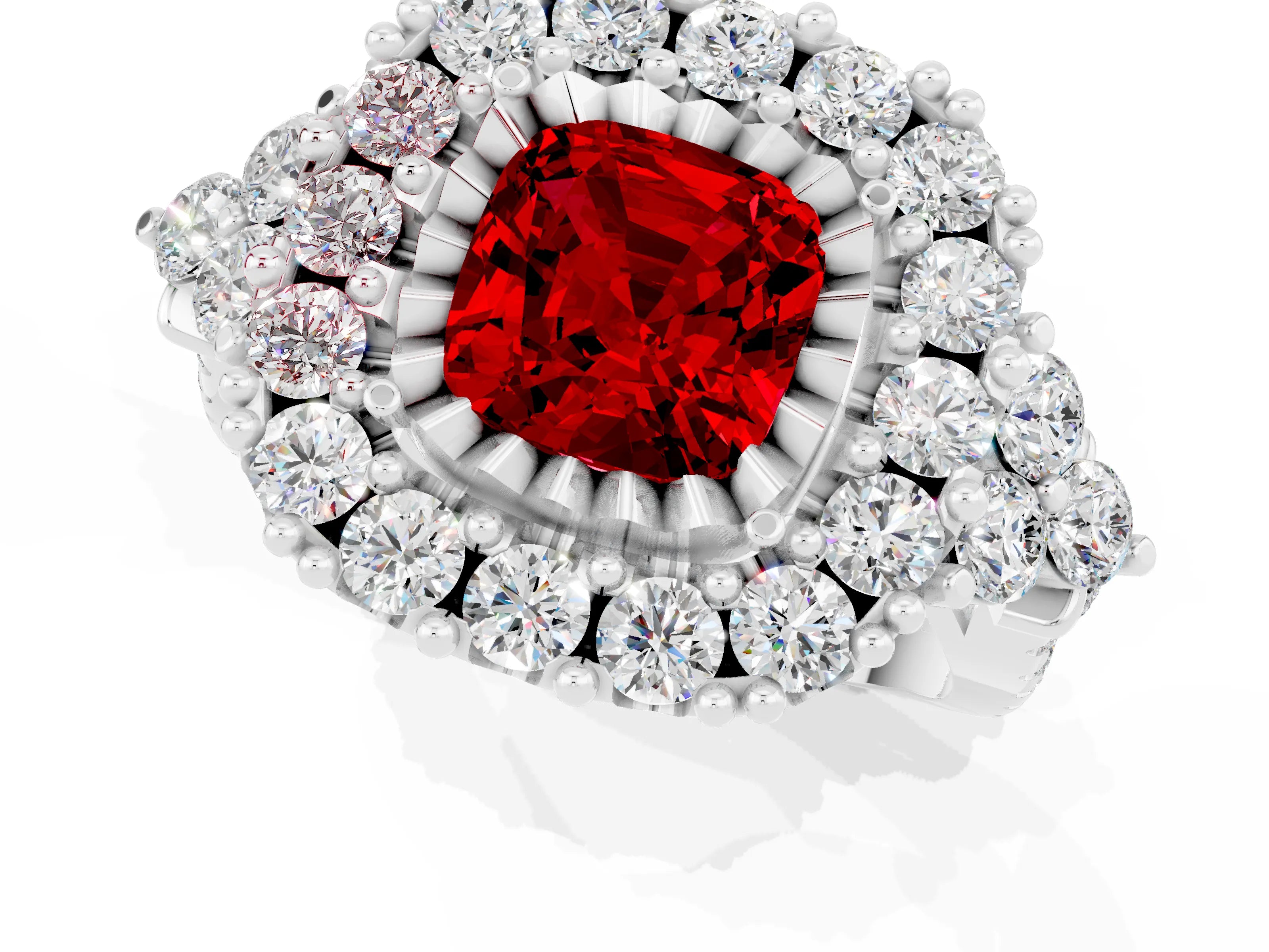 White gold Cushion Cut Ruby Halo Ring with Pavé Band and Four-Prong Setting_13