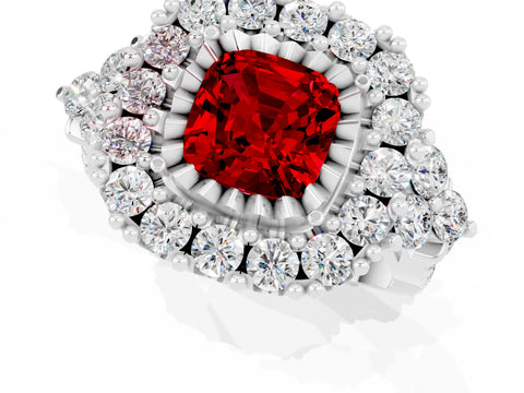 White gold Cushion Cut Ruby Halo Ring with Pavé Band and Four-Prong Setting_13
